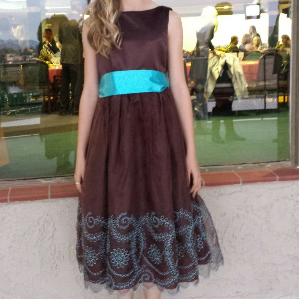 Brown and Teal Taffeta Organza Party Dress